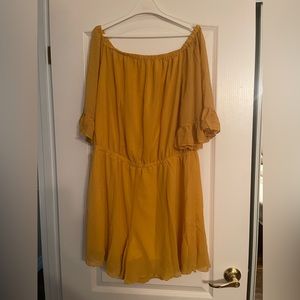 Yellow Sheer-overlay ruffle off-shoulder romper